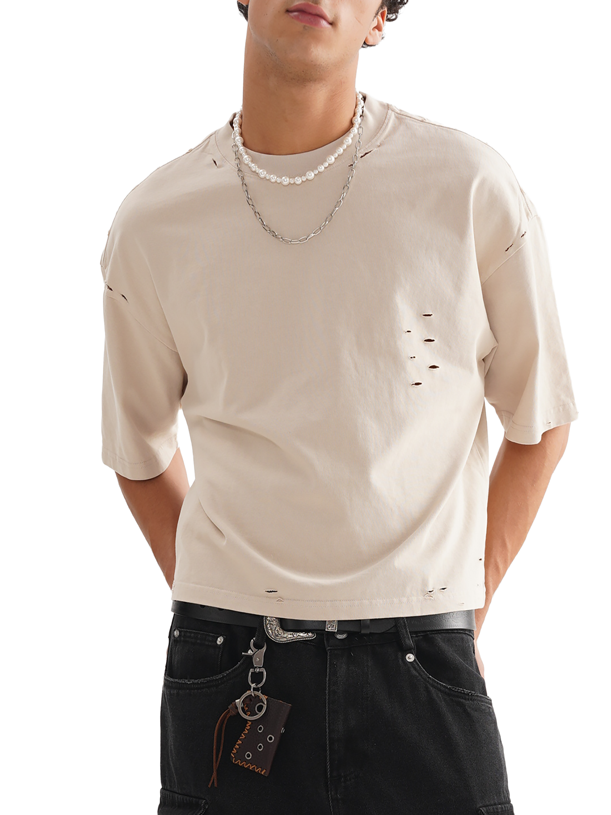 4-Elements White Man Classic Frayed Boxy Tee