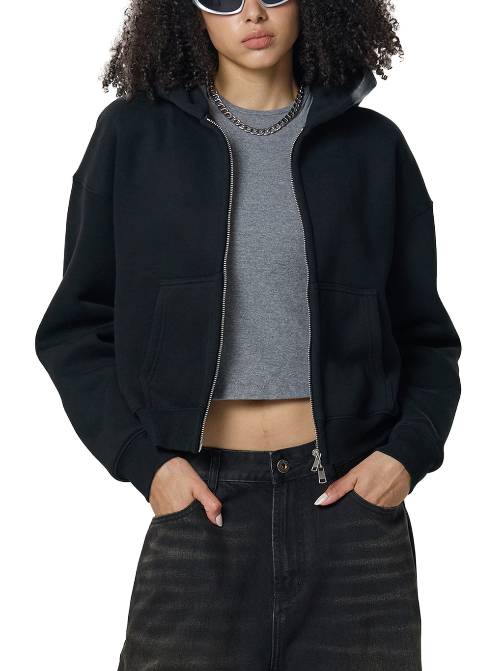 D19 Woman Essential Fleeced Zip-Up Cropped Hoodie