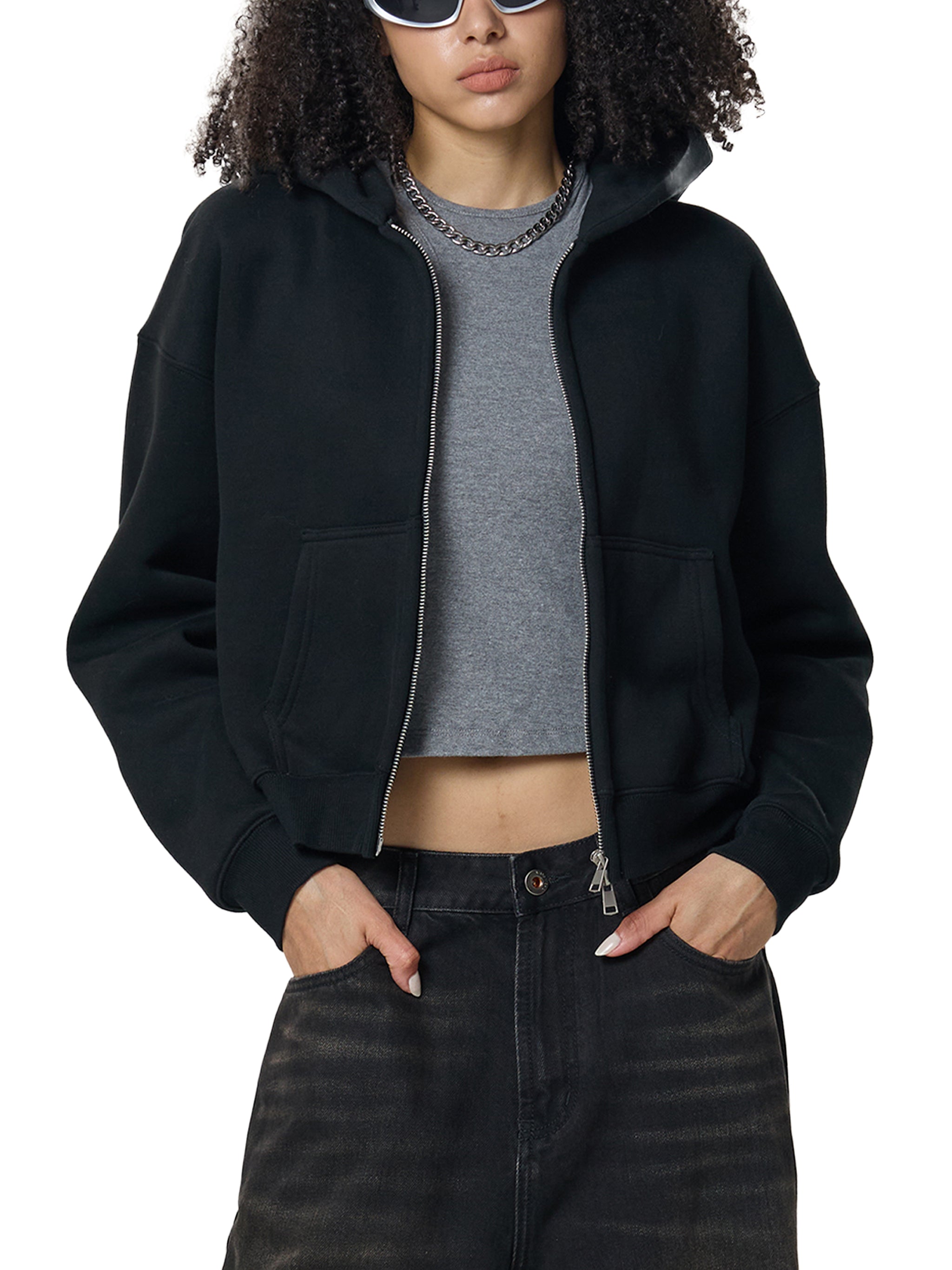 D19 Woman Essential Fleeced Zip-Up Cropped Hoodie