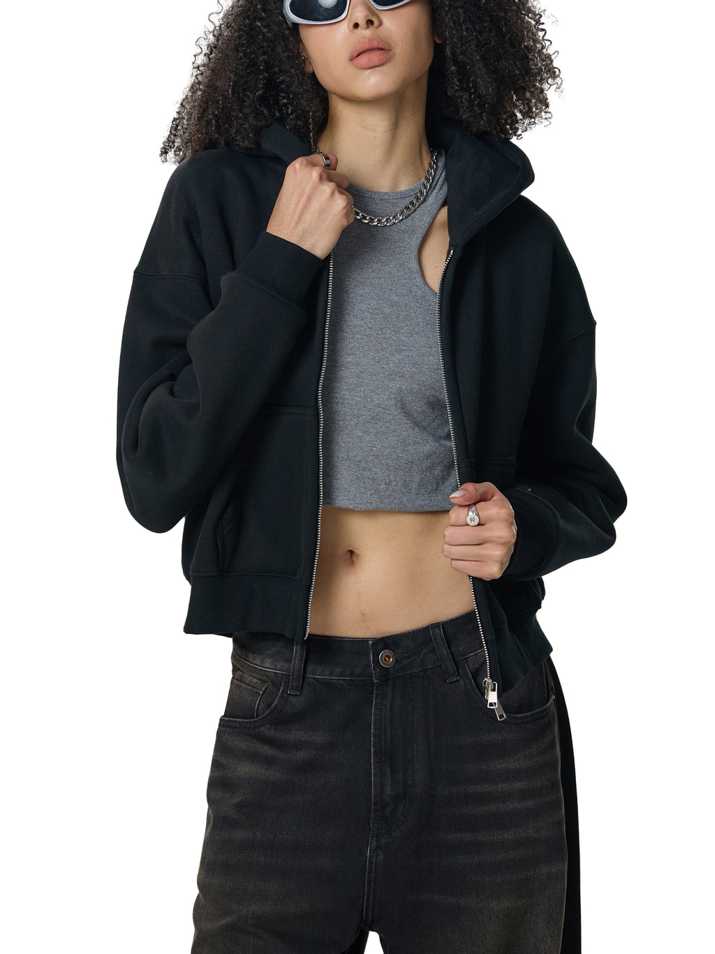 D19 Woman Essential Fleeced Zip-Up Cropped Hoodie
