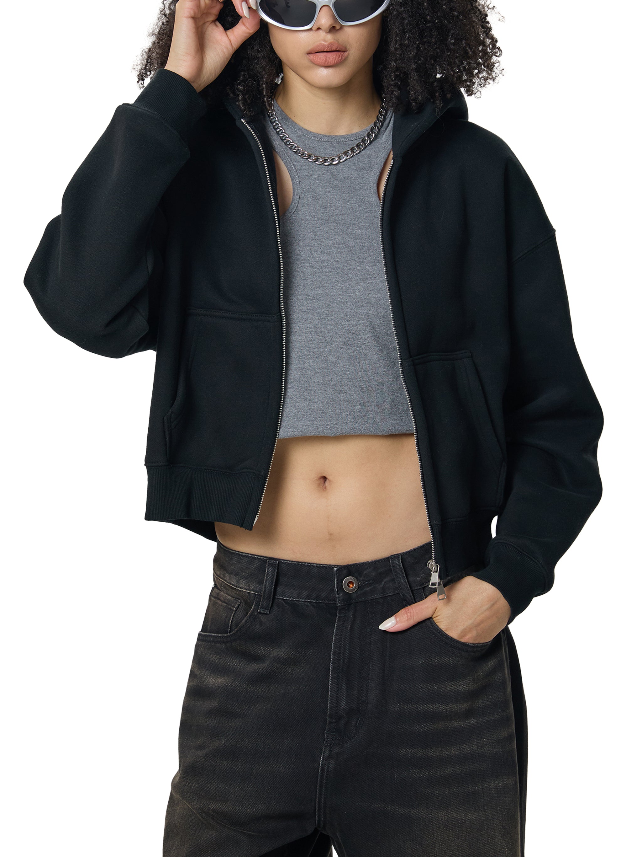 D19 Woman Essential Fleeced Zip-Up Cropped Hoodie